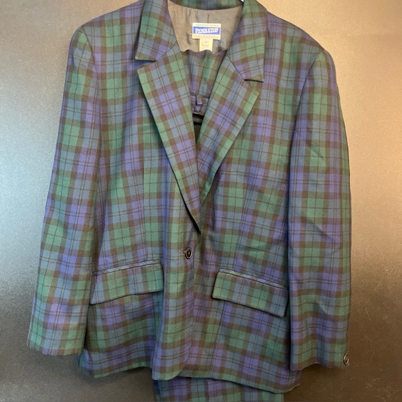 Vtg 2 Pc Pendleton Wool Blue Green Tartan Plaid Pants Blazer Suit Set Women 16 - Picture 1 of 14